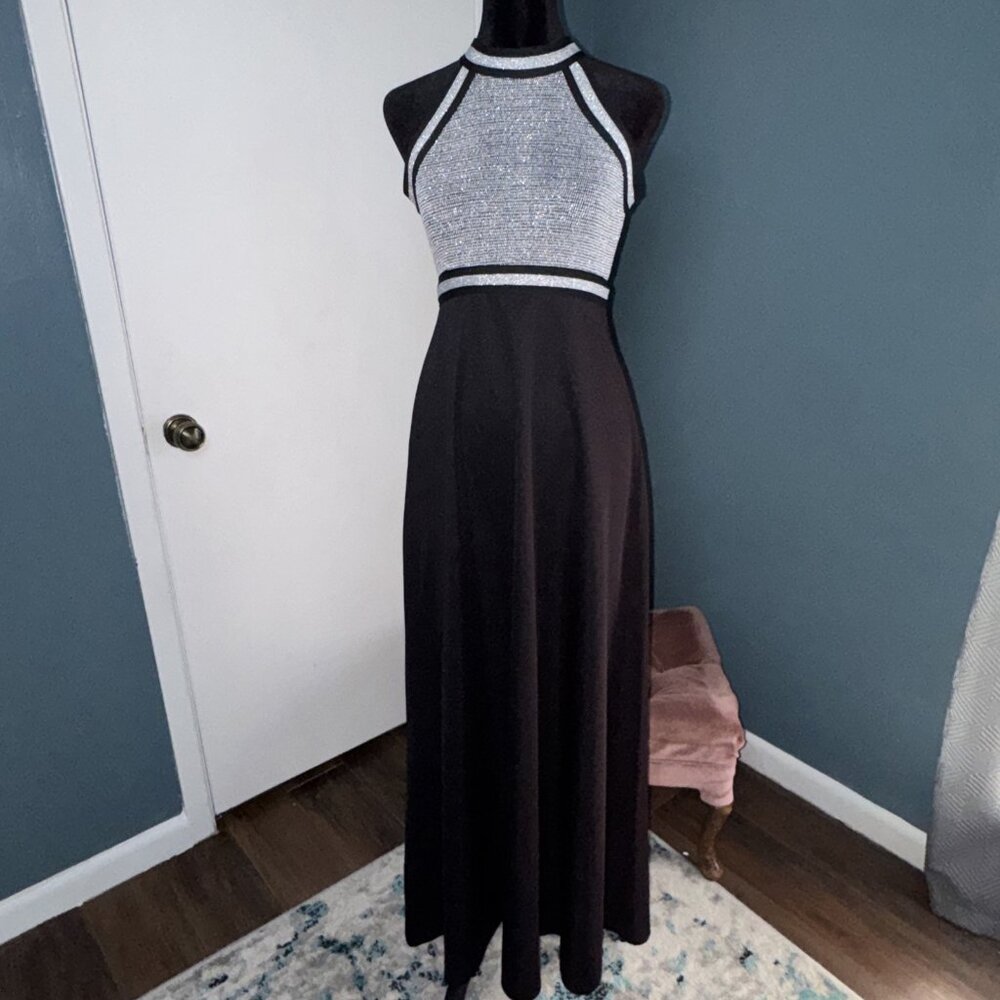 Vintage 60's 70's Mod Empire Waist  Silver Black Halter Knit Maxi Dress XS/S